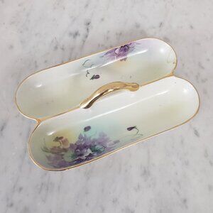 Antique Nippon Noritake Purple Violets Hand Painted Handled Relish Tray